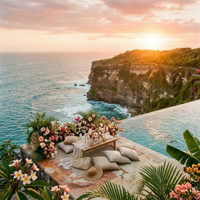 Dreamy Bali sunset with infinity pool and tropical flowers