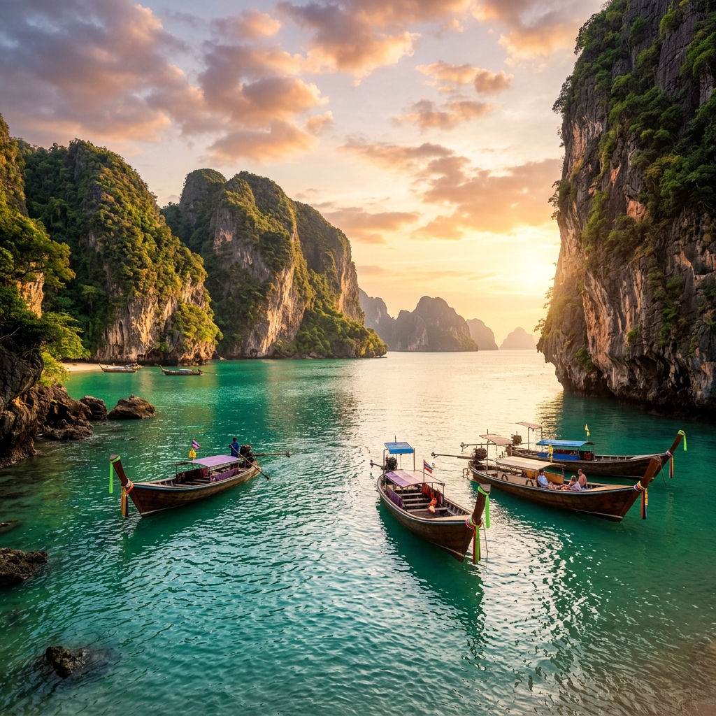 Krabi limestone cliffs and longtail boats