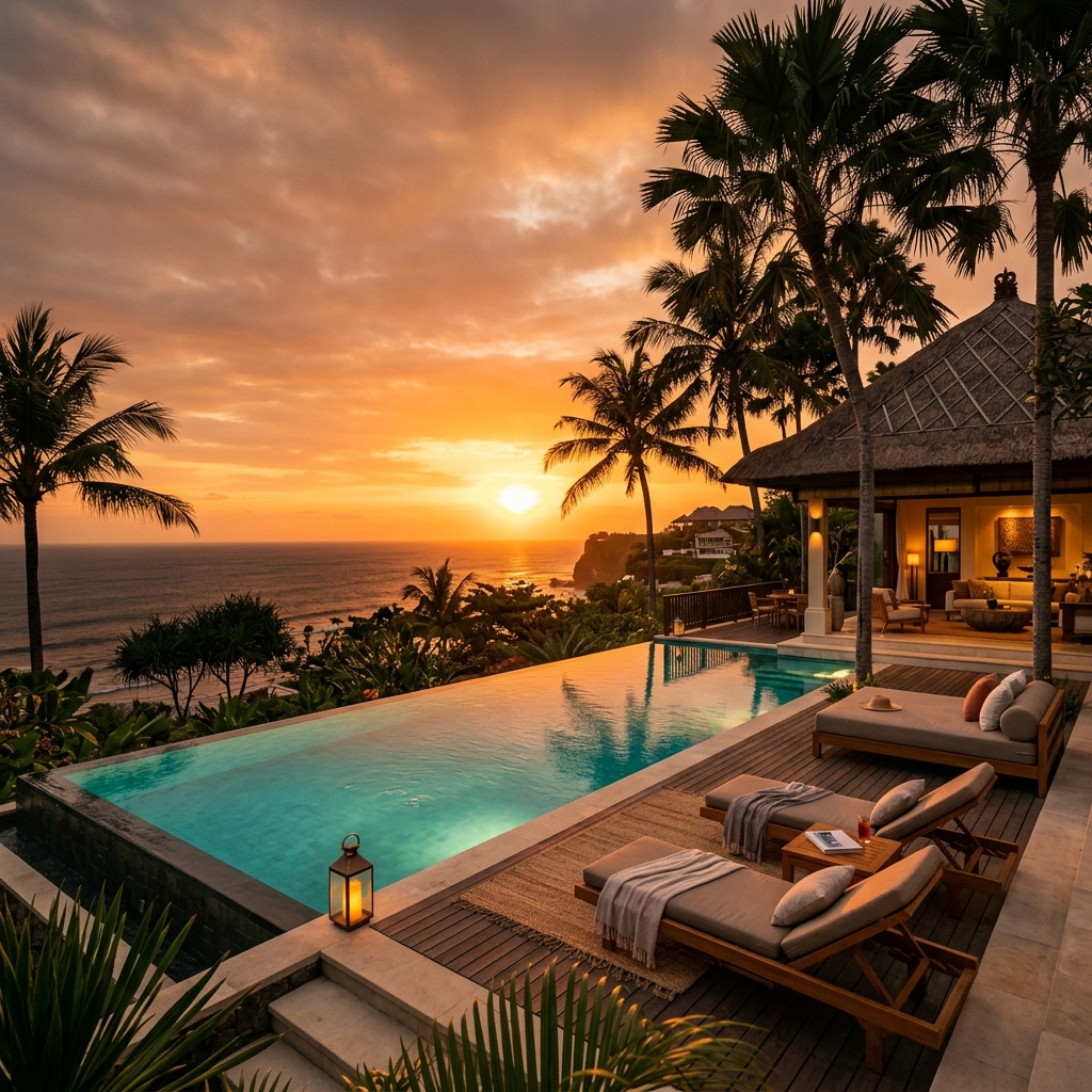 Bali villa infinity pool at golden hour sunset