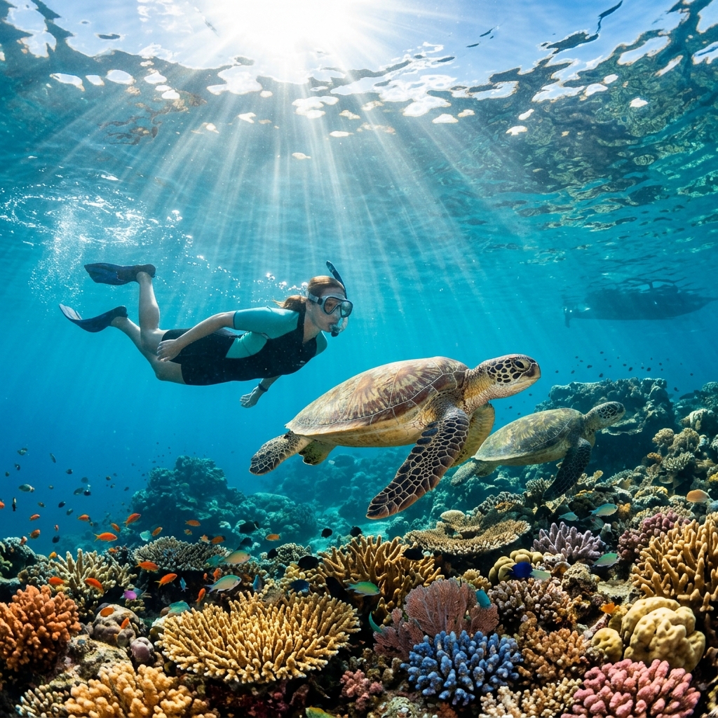 Snorkeling with sea turtles in crystal clear blue tropical water