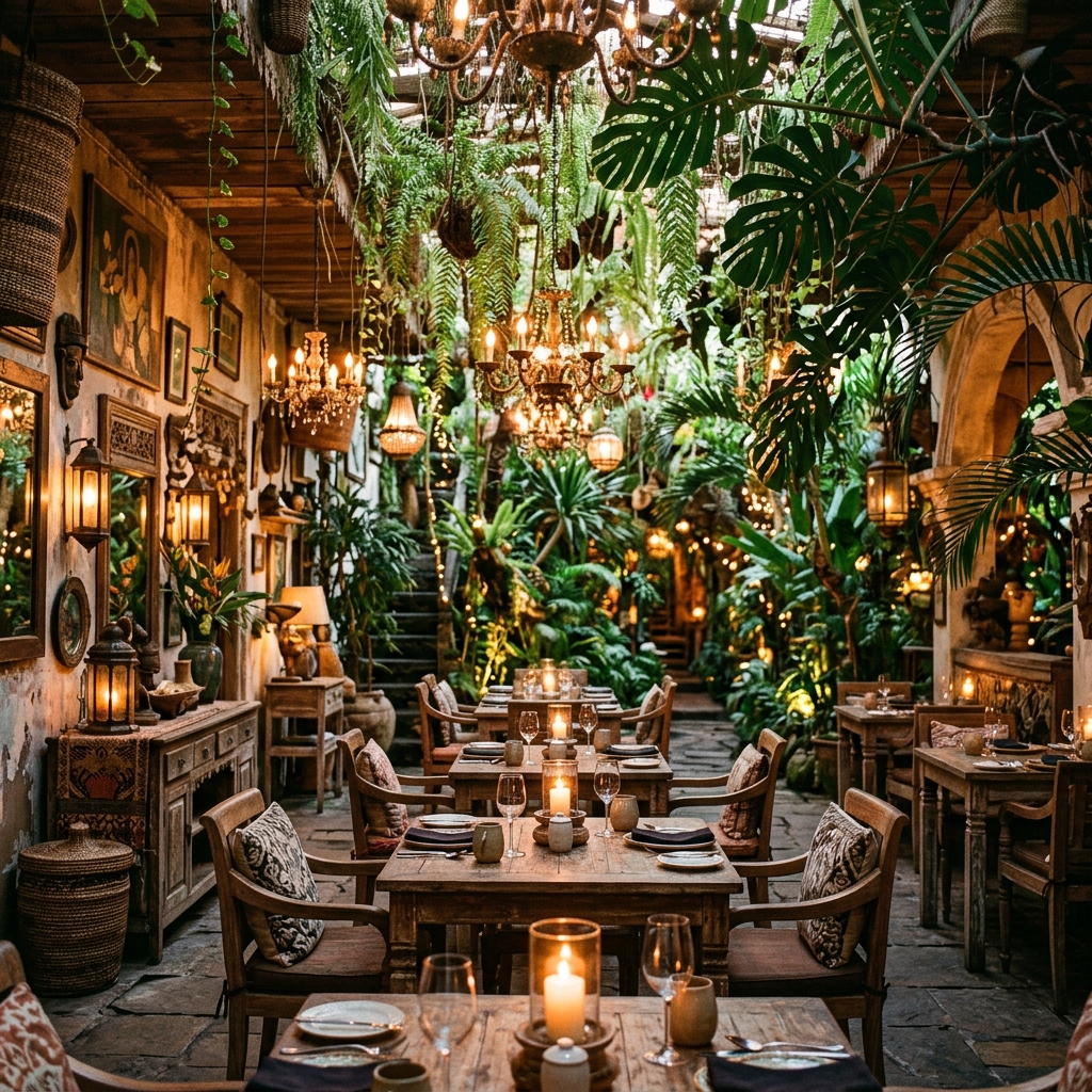 La Favela Bali jungle interior restaurant with candlelight and lush plants