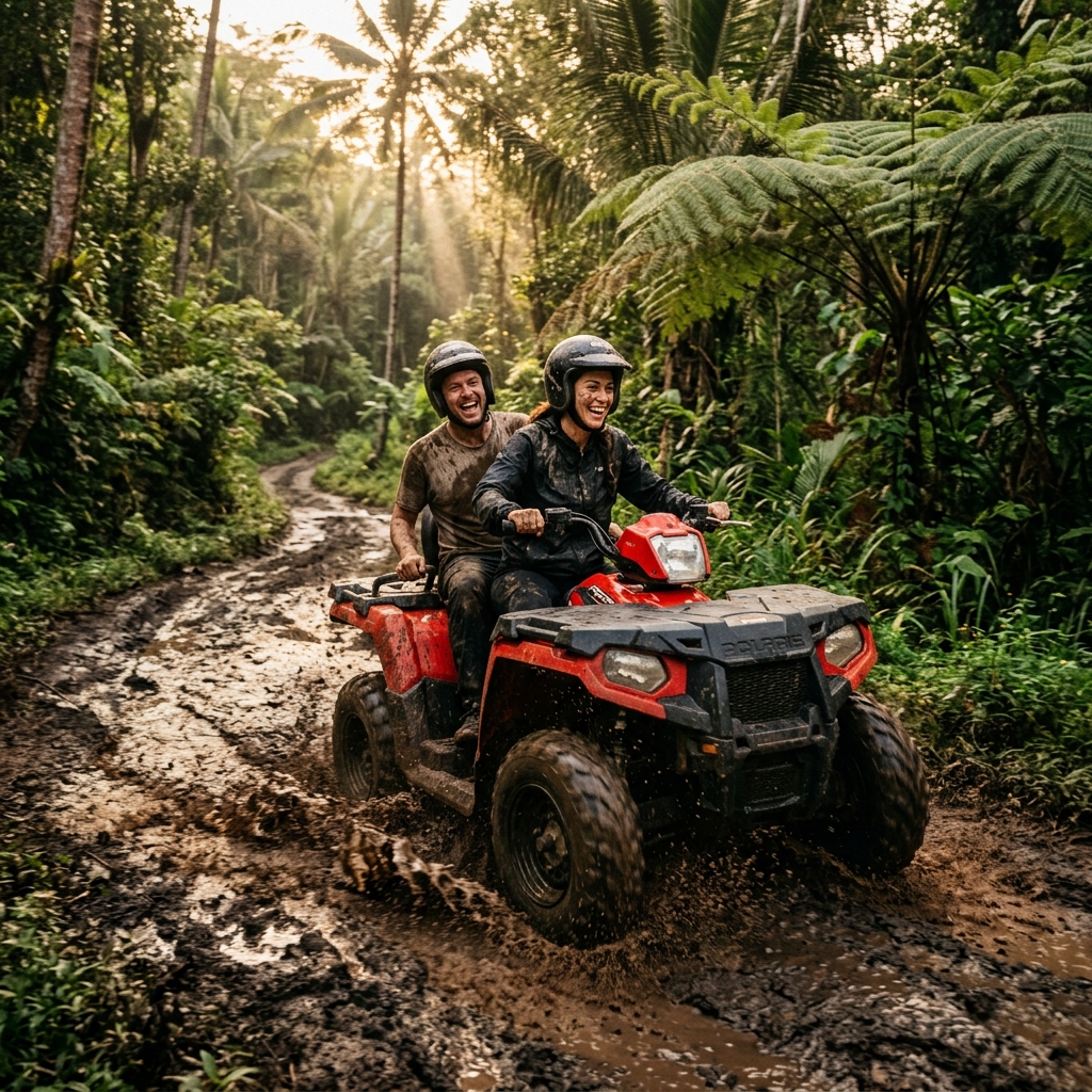 A high-energy tandem ATV ride through lush green jungle trails and mud tracks in Bali